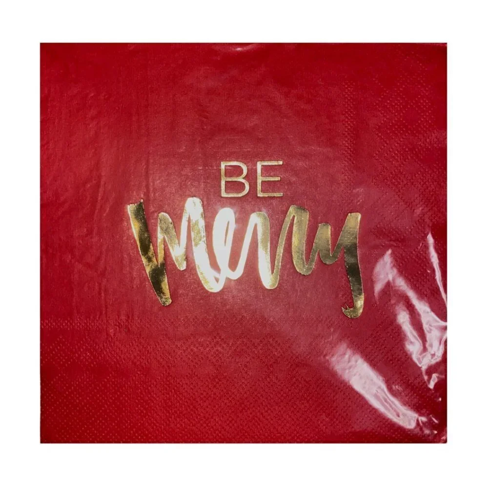 30ct Be Merry Napkins - Red and Gold Script